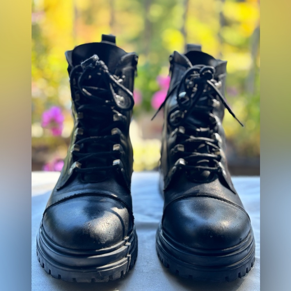 Black Leather Combat Ankle Boots with Lug Sole
Size 9.5